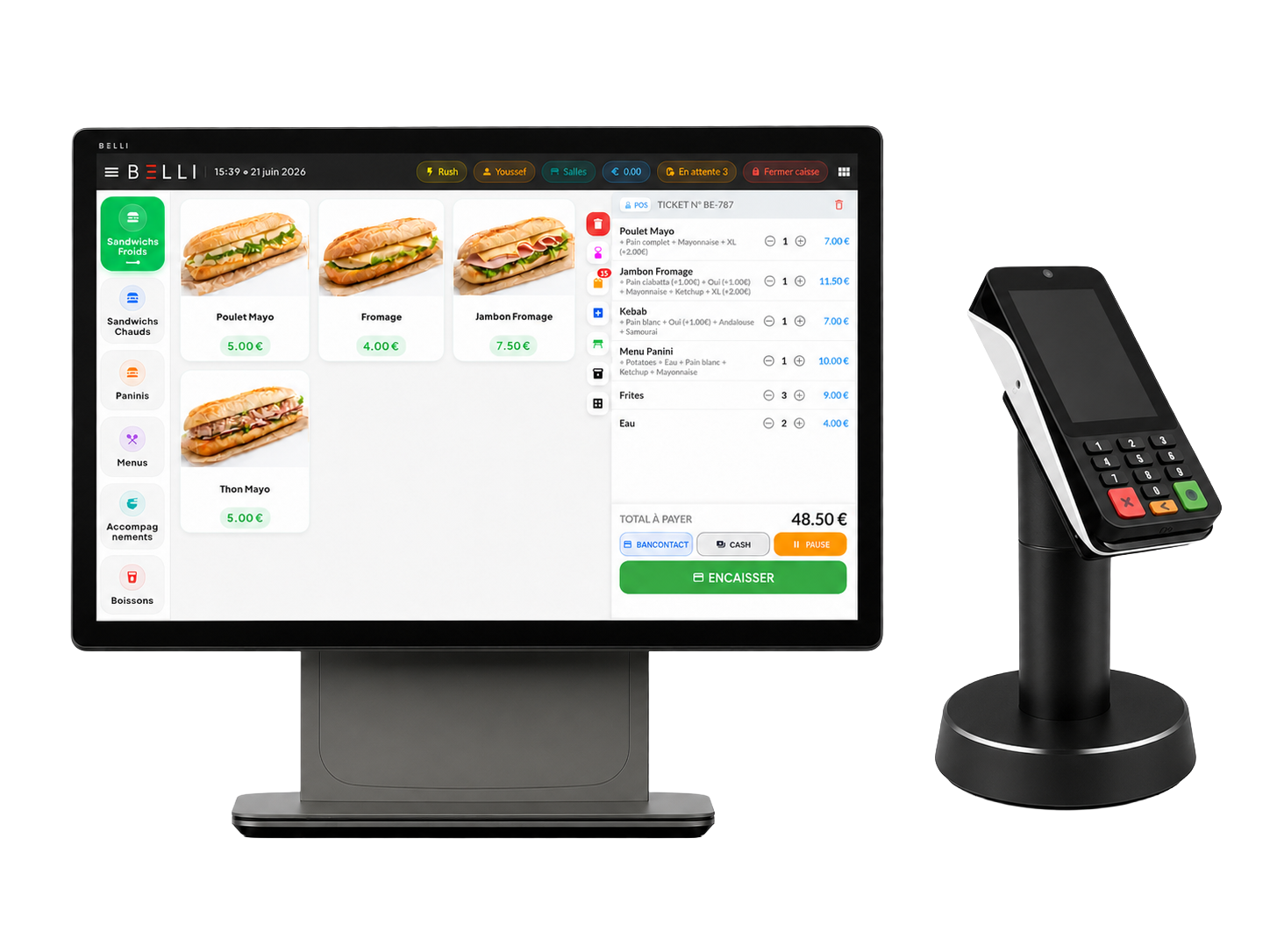 Terminal BELLI POS avec écran de caisse et terminal de paiement
